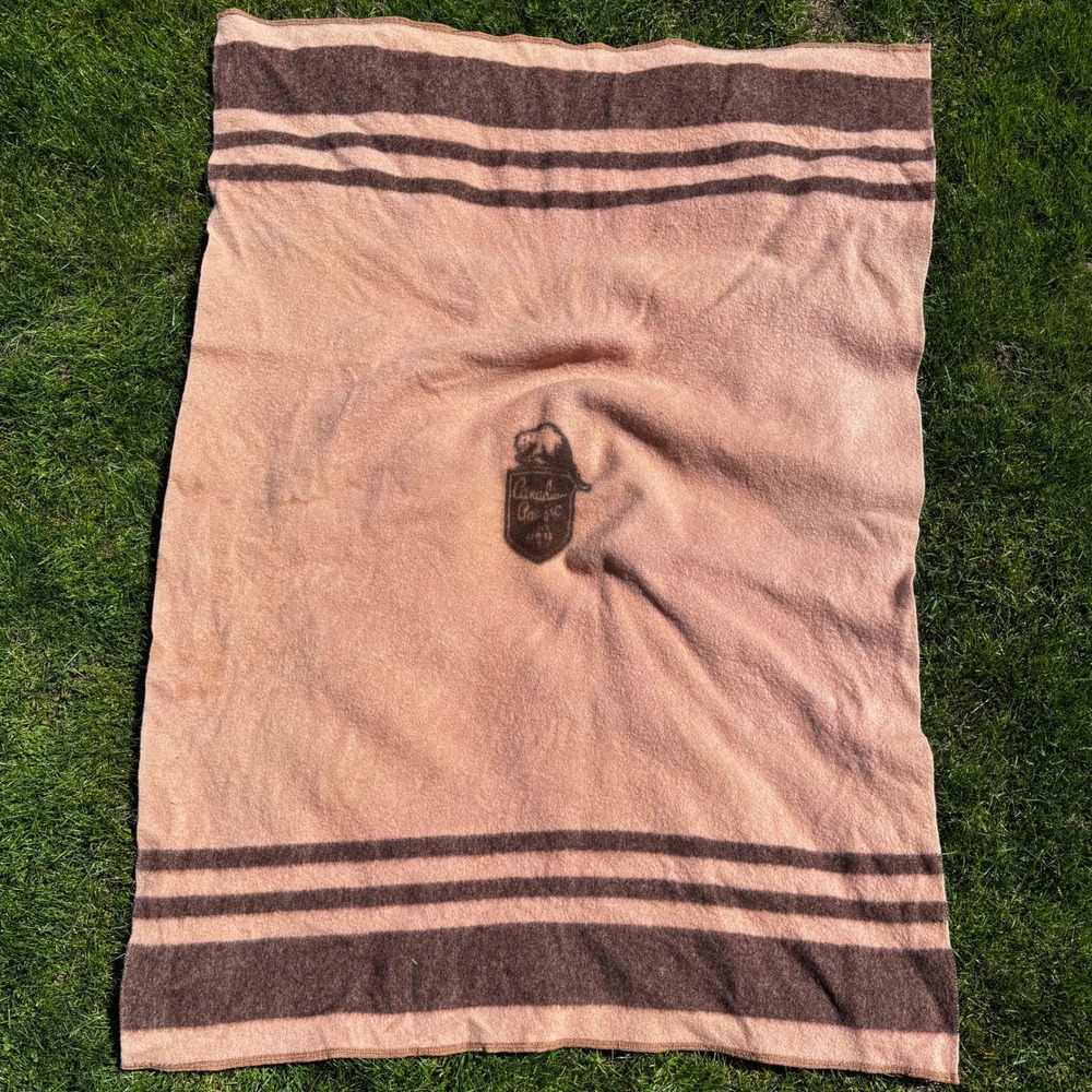 Vintage Canadian Pacific Railway Wool Blanket Brown Stripe Beaver Crest Logo